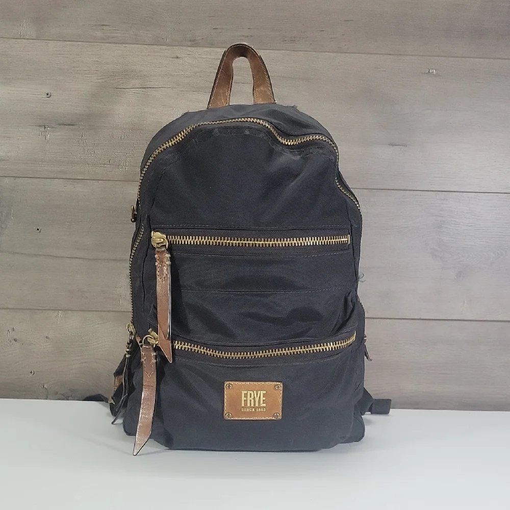 Frye Nylon Black and Brown Leather Trim Backpack with Gold Accents